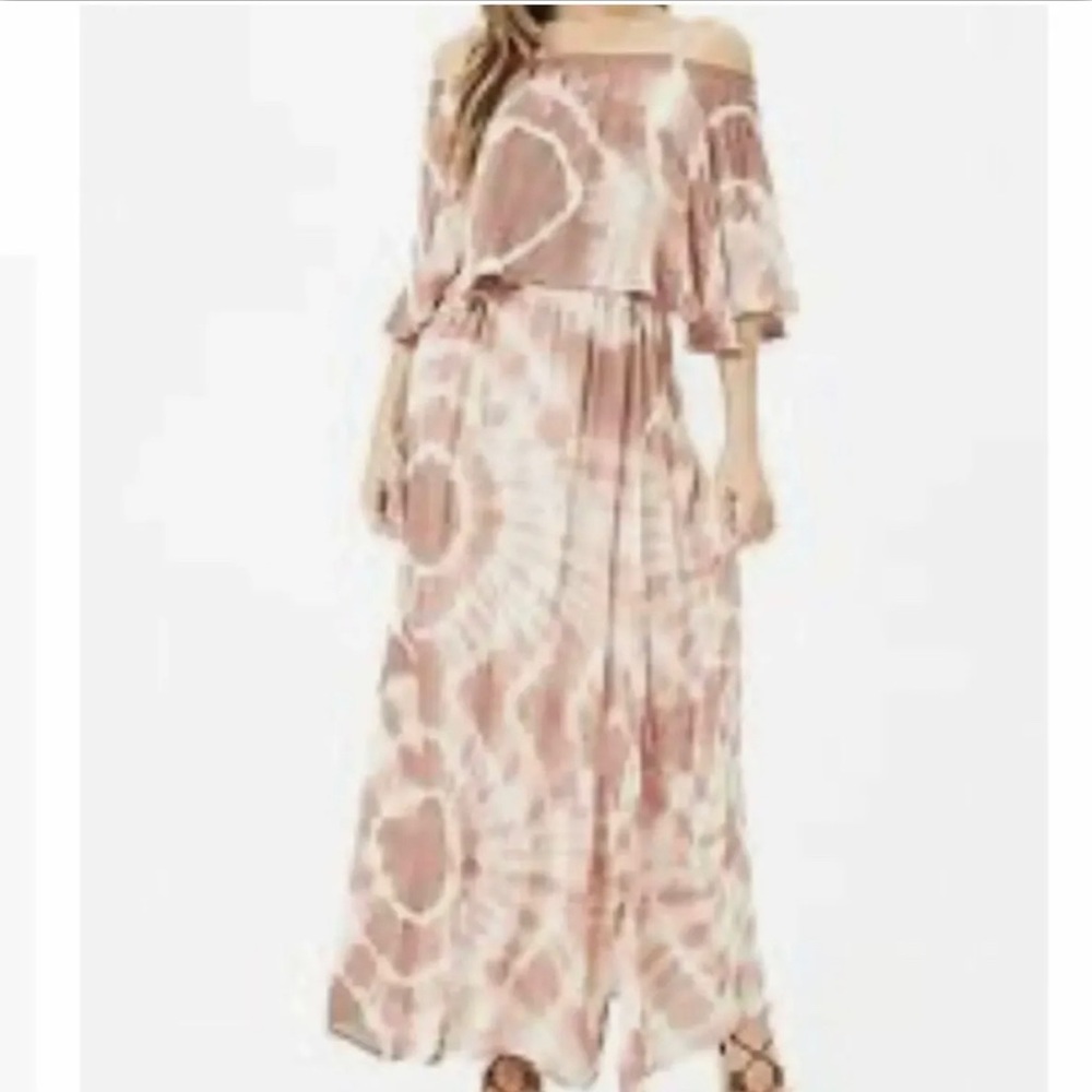 BOHME Boho Maxi Ruffle Tan Tie Dye Dress Size Medium